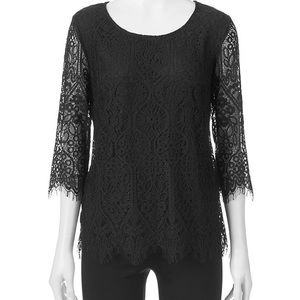 Three Pink Hearts | Women’s Black Lace Overlay Shirt 3/4 Sleeves Size Medium